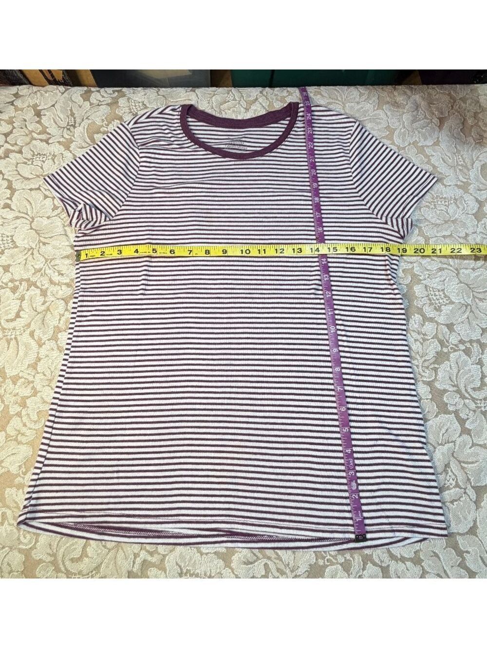 TOP faded glory Light Purple and White Striped Short Sleeve T-Shirt